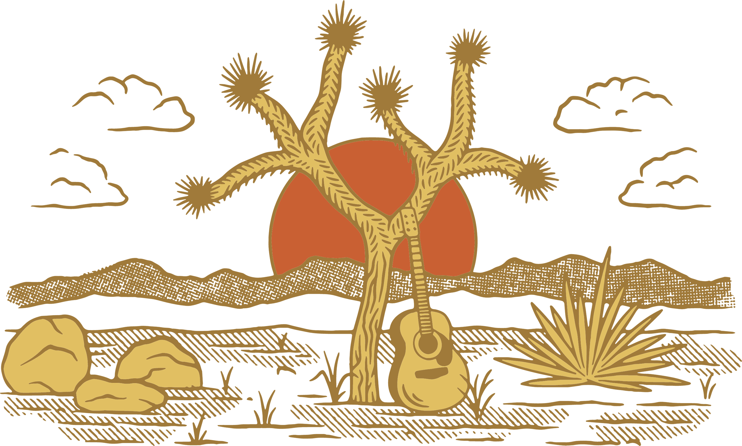 Una guitarra descansa sobre un cactus con una puesta de sol de fondo